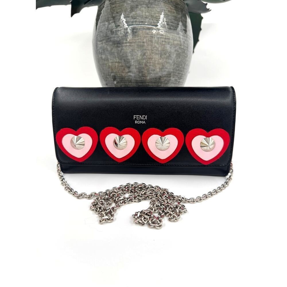 Fendi Black Pink Red Heart Rockstud Wallet On Chain Woc Bag Shw Crossbody